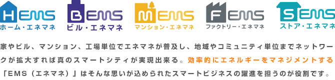 HEMS（ホーム・エネマネ）、BEMS（ビル・エネマネ）、MEMS（マンション・エネマネ）、FEMS（ファクトリー・エネマネ）、SEMS（ストア・エネマネ）家やビル、マンション、工場単位でエネマネが普及し、地域やコミュニティ単位までネットワークが拡大すれば真のスマートシティが実現出来る。効率的にエネルギーをマネジメントする「EMS（エネマネ）」はそんな思いが込められたスマートビジネスの躍進を担うのが役割です。